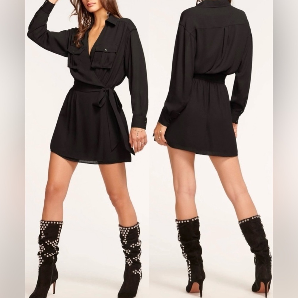 NWOT Ramy Brook Summer Black Long Sleeve Wrap Mini Dress sz XS